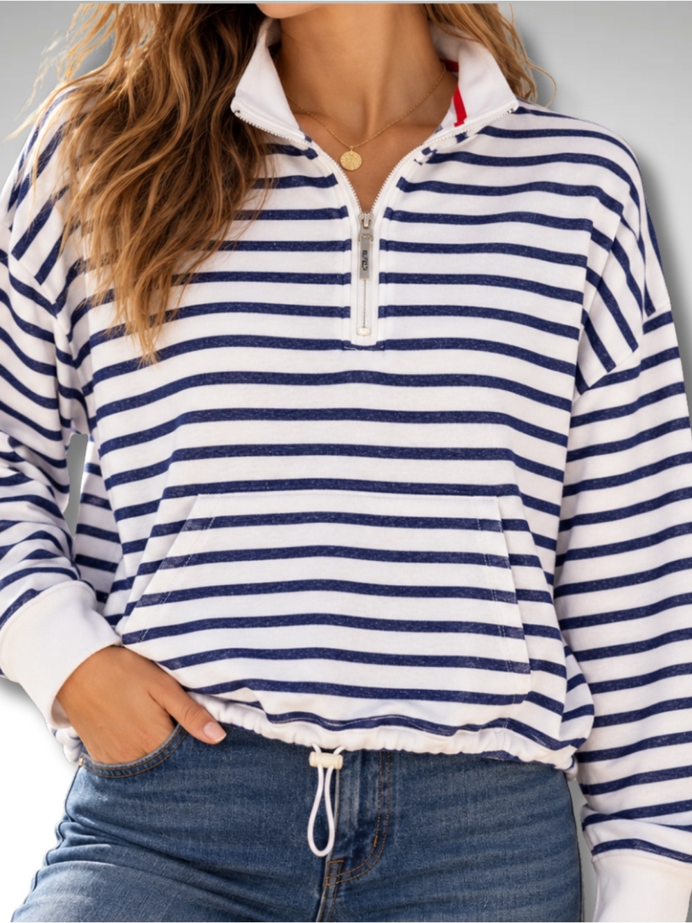 Tommy Hilfiger White and Navy Striped V-Neck Half-Zip Sweater